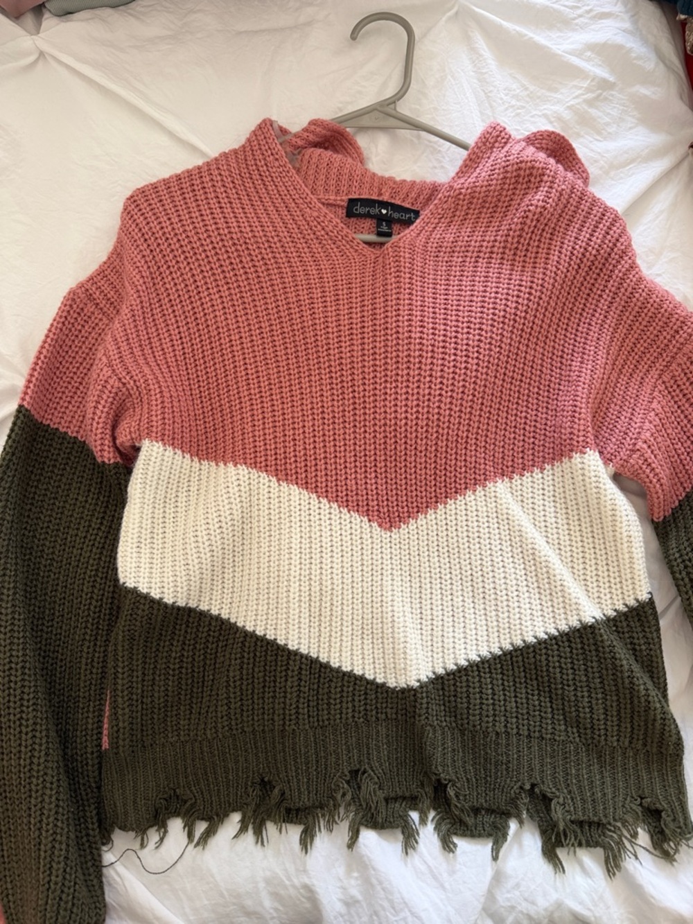Derek Heart Pink, White & Olive Colorblock V‑Neck Hoodie Sweater